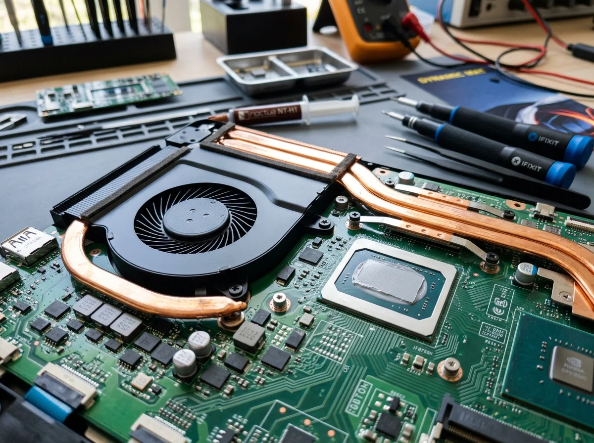 Laptop cooling fan and heatsink cleaned with fresh thermal paste applied at GMC