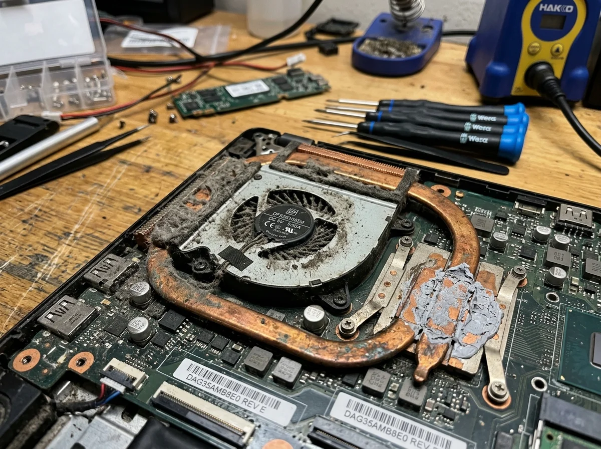 Dusty clogged laptop cooling fan with dried thermal paste causing overheating